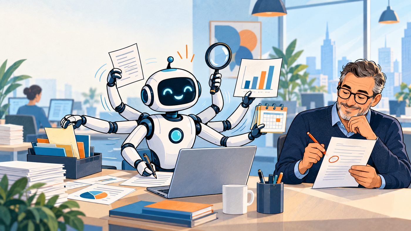 Cartoon: a cheerful multi-armed robot races through documents, charts and diaries while a consultant calmly checks its work with a red pen