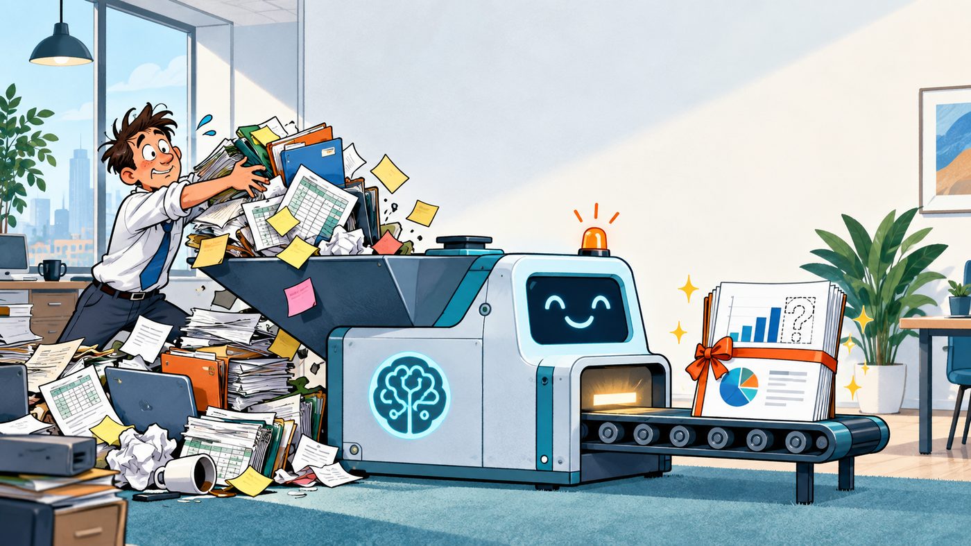 Cartoon: an office worker feeds an avalanche of messy paperwork into a friendly AI machine, which produces a neat, organised report