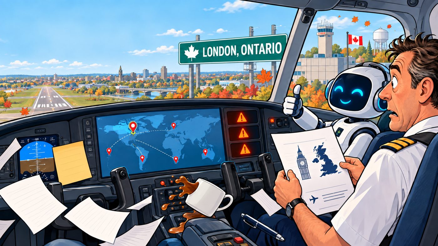 Cartoon: a startled pilot holding a UK flight plan lands at London, Ontario, while his cheerful AI copilot gives a thumbs up