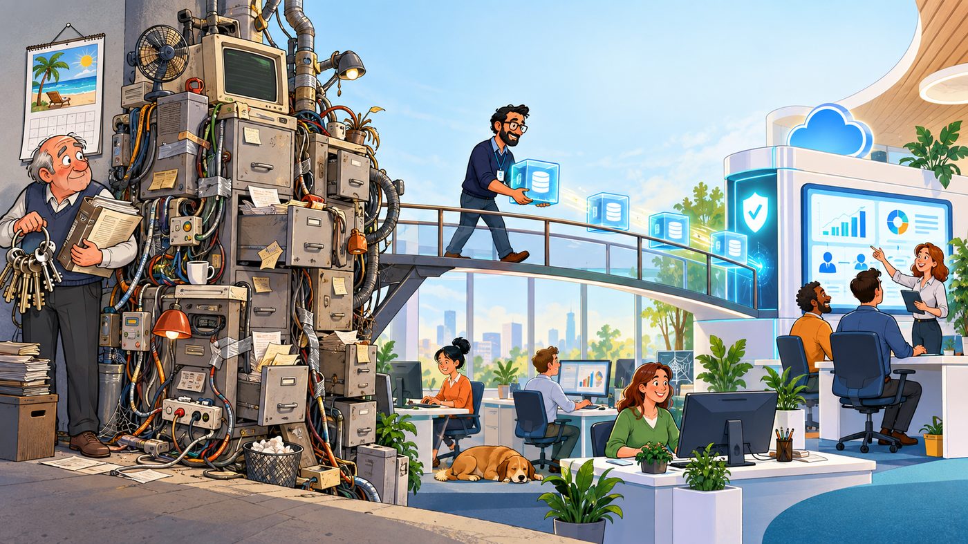 Cartoon: a legacy system of tangled cables and overflowing filing cabinets on one side, and a bright modern cloud-based office on the other, with data being carried across a bridge between them